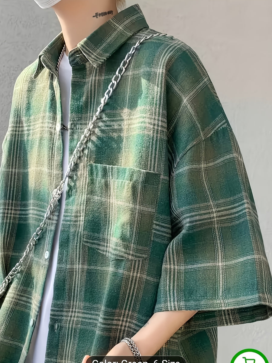 Men's Summer Fashion Short-sleeve Button- Shirt with a Plaid Pattern, Both Stylish and Versatile, Perfect for Daily Wear, Dates, and Beach Vacations - Olive Green
