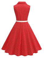 Vintage-style Polka Dot Waist-cinching Sleeveless Flared Bridesmaid Dress - Red