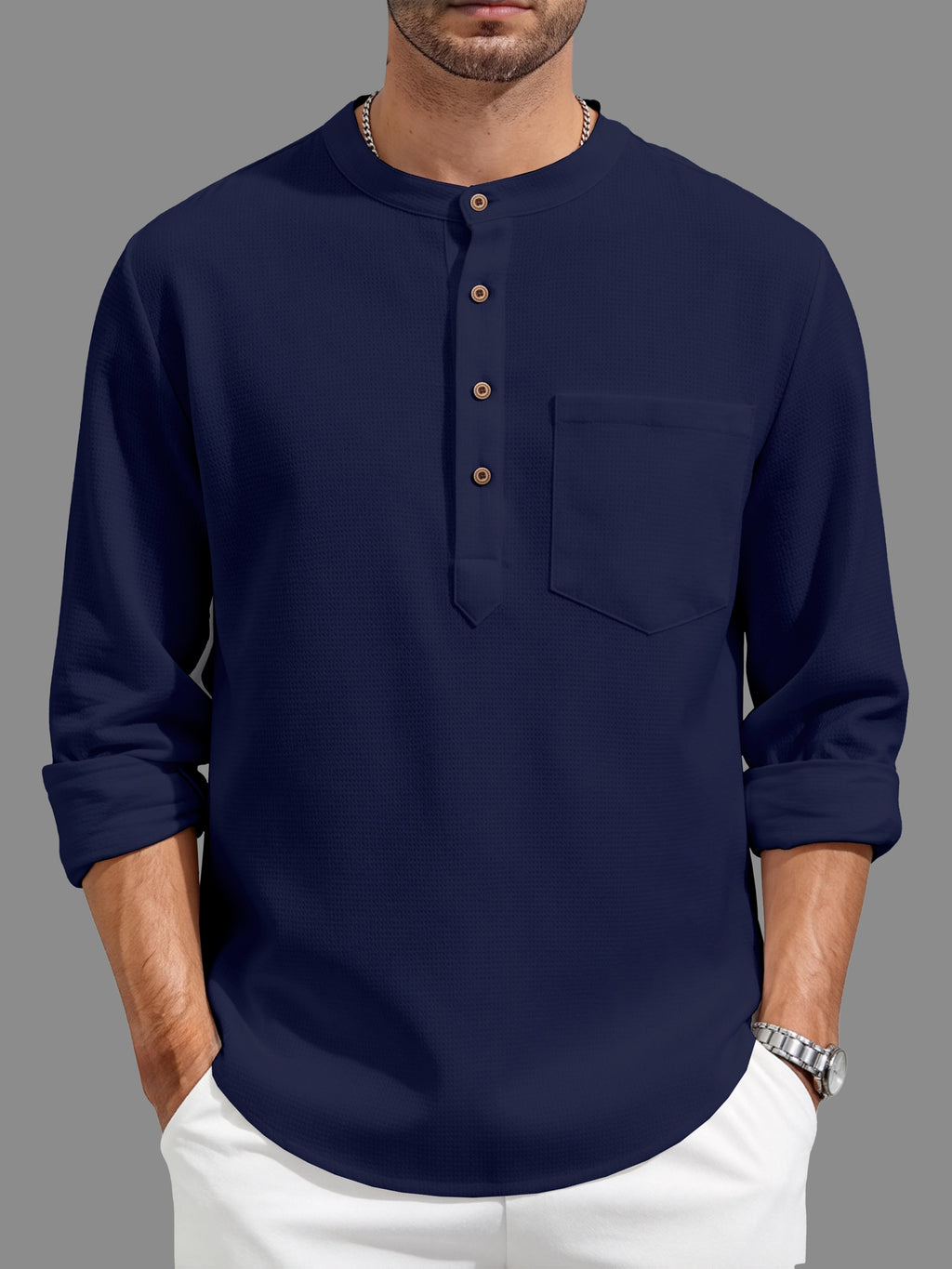 Men'S Casual Solid Color Daily Shirt - Retro Loose Long Design with Chest Pocket, Hand Wash Or Dry Clean - Refined Men'S Layering Piece - Comfortable Fit, Durable And Fashionable, Suitable for Casual Or Formal Occasions in Any Season - Blue