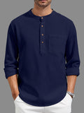 Men'S Casual Solid Color Daily Shirt - Retro Loose Long Design with Chest Pocket, Hand Wash Or Dry Clean - Refined Men'S Layering Piece - Comfortable Fit, Durable And Fashionable, Suitable for Casual Or Formal Occasions in Any Season - Blue