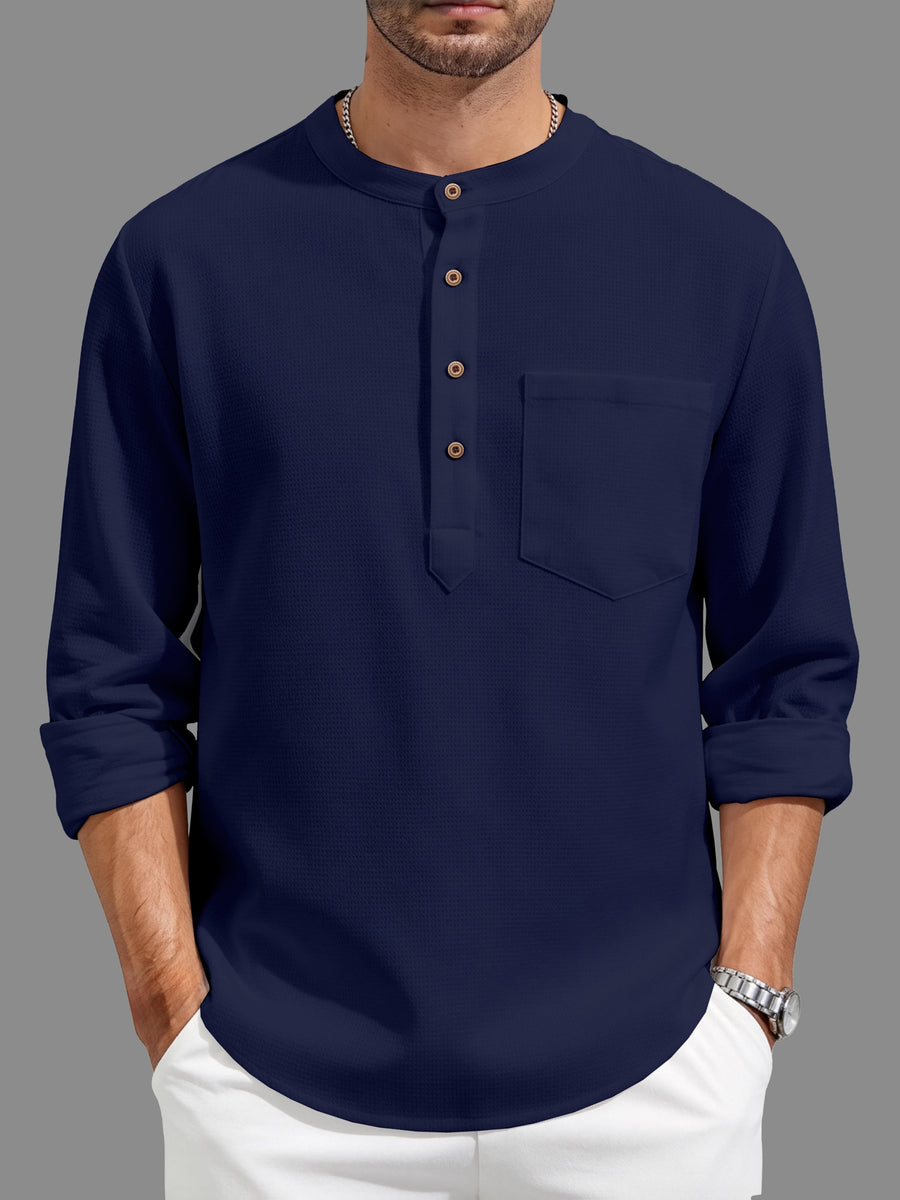 Men'S Casual Solid Color Daily Shirt - Retro Loose Long Design with Chest Pocket, Hand Wash Or Dry Clean - Refined Men'S Layering Piece - Comfortable Fit, Durable And Fashionable, Suitable for Casual Or Formal Occasions in Any Season - Blue