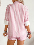 Women'S Western Casual Style Striped Short Sleeve Patchwork Loose Suit And Shorts 2pcs Set, Fashionable Women'S Clothing for Casual Commute And Dates, Suit Jacket And Wide-Leg Shorts - Pink Color