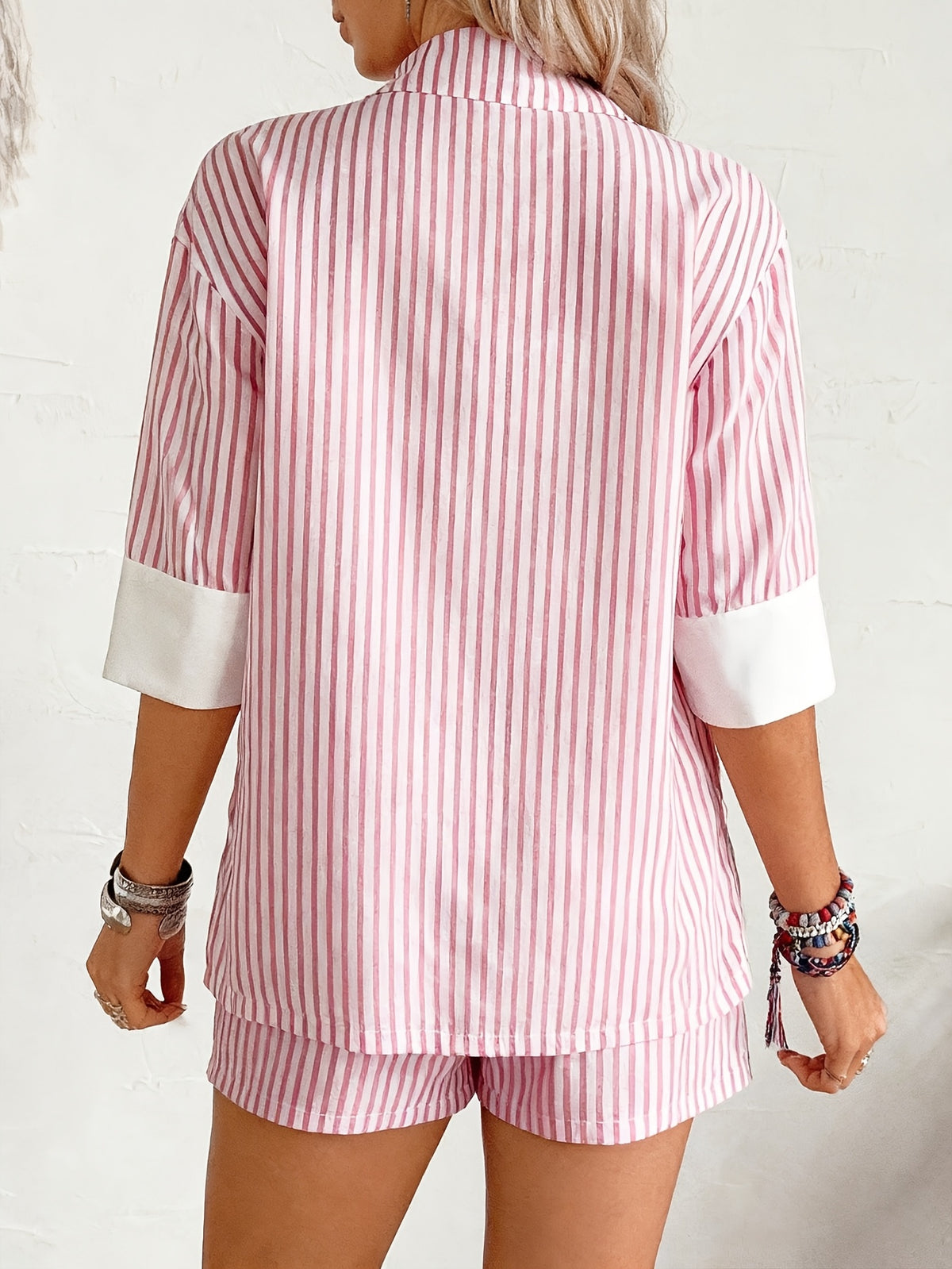 Women'S Western Casual Style Striped Short Sleeve Patchwork Loose Suit And Shorts 2pcs Set, Fashionable Women'S Clothing for Casual Commute And Dates, Suit Jacket And Wide-Leg Shorts - Pink Color