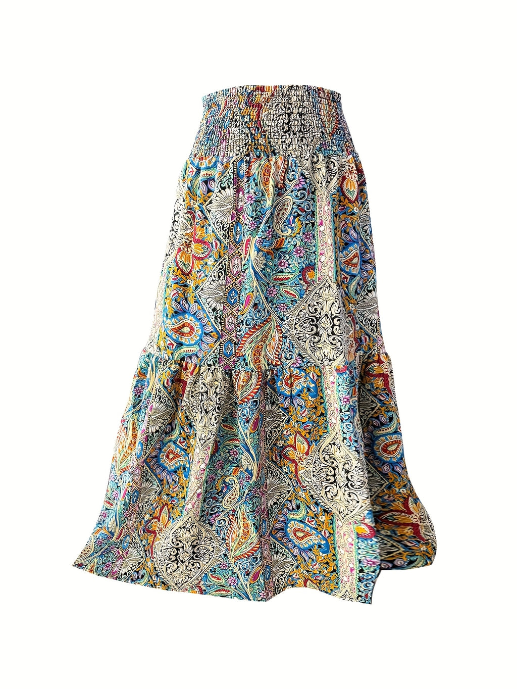 Women's Bohemian Paisley Print Maxi Skirt - 100% Polyester Elastic-Free Flowy Long Skirt with Smocked Detailing & Umbrella Hem, Vibrant Geometric Floral Design for Beach Vacations, Music Festivals, Spring/Summer Casual Wear, Festival Attire, Smooth - Mixed colors