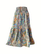 Women's Bohemian Paisley Print Maxi Skirt - 100% Polyester Elastic-Free Flowy Long Skirt with Smocked Detailing & Umbrella Hem, Vibrant Geometric Floral Design for Beach Vacations, Music Festivals, Spring/Summer Casual Wear, Festival Attire, Smooth - Mixed colors