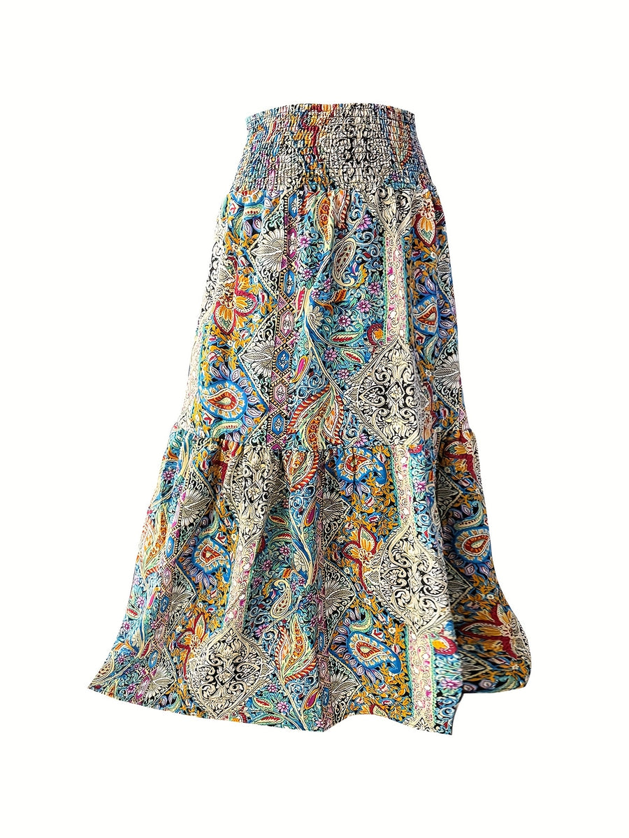 Women's Bohemian Paisley Print Maxi Skirt - 100% Polyester Elastic-Free Flowy Long Skirt with Smocked Detailing & Umbrella Hem, Vibrant Geometric Floral Design for Beach Vacations, Music Festivals, Spring/Summer Casual Wear, Festival Attire, Smooth - Mixed colors