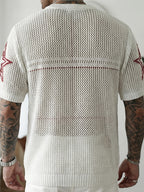 JANE DRESSINGLOG Men'S Summer Digital Design Color-Block V-Neck Short Sleeve Hollow Knit Top, Men'S Summer Casual Football Style Sweater, Suitable for Sports Casual Daily Wear - White Red