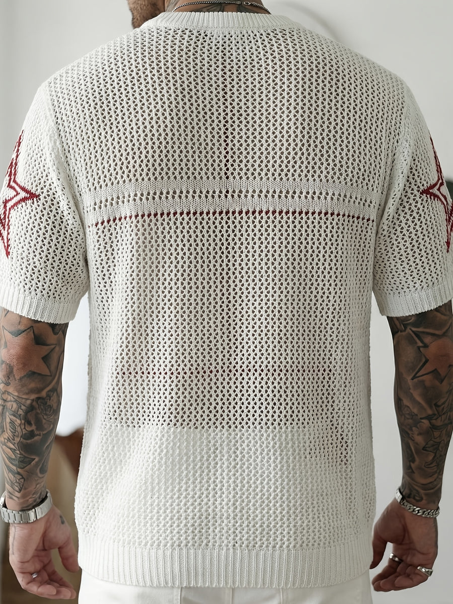 JANE DRESSINGLOG Men'S Summer Digital Design Color-Block V-Neck Short Sleeve Hollow Knit Top, Men'S Summer Casual Football Style Sweater, Suitable for Sports Casual Daily Wear - White Red