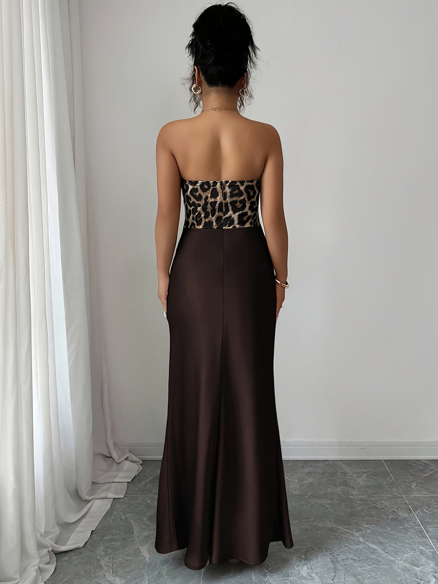Leopard Print Sleeveless Fitted Evening Gown, Elegant and Charming Women's Bridesmaid Dress - Coffee Brown