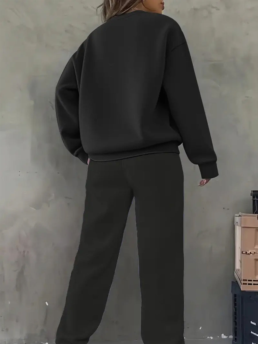 2pcs Women's Y2K Sport Sweatshirt Set with Matching Jogger Pants - -Lined Crewneck Set, Suitable for Winter, Multiple Colors, Polyester Material, Machine Washable, for Daily Sportswear, Casual Sporty Style, Fitness Wear - Black