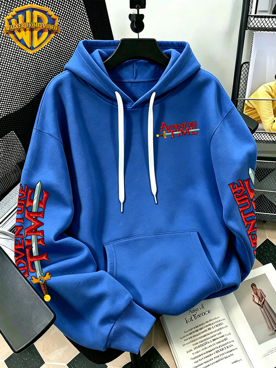 Adventure Time Full Character Wrap Group Cartoon Pattern Print Hooded Sweatshirt - Men'S Casual All-Match Pullover, Comfortable Autumn/Winter Wear, for Sports, Outdoors, Picnics, Travel, Daily/Commute/Home Choice - Blue