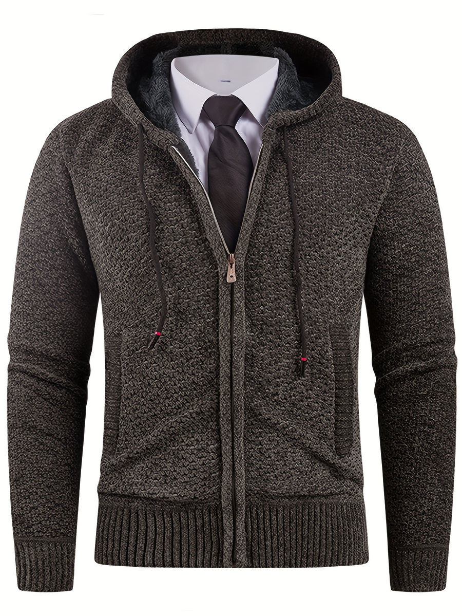 Solid Color Men'S Autumn And Winter New Style Men'S Coarse Yarn Knitted Long Zipper Cardigan Long Sleeved Hooded Drawstring Fashionable Casual Business Versatile with Thick Velvet Insulation Pocket Sports Vitality Elastic Jacket - Dark Gray