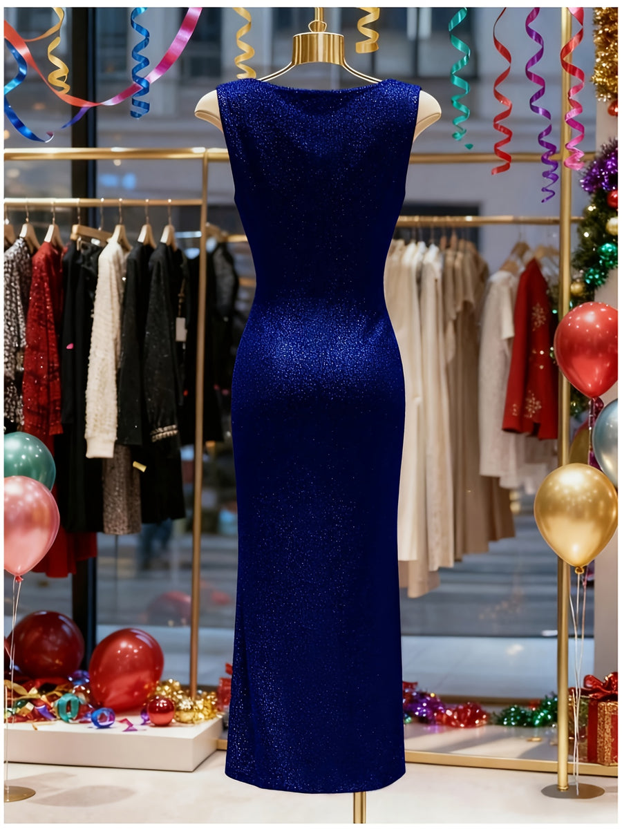 Women's Elegant Lurex Evening Gown - Tailored Waist-Cinched Bodycon Dress with Ruched Cowl Neck & Slit, Machine Washable Suitable for Weddings, Prom, Bridesmaid Dresses, Formal Party Outfits - Blue