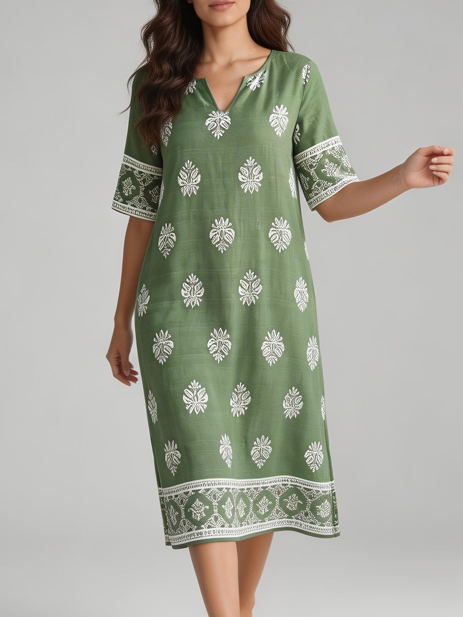 V-neck Short-sleeve Ethnic Print Dress with Slit Hem, Holiday Travel Beach Dress - Green