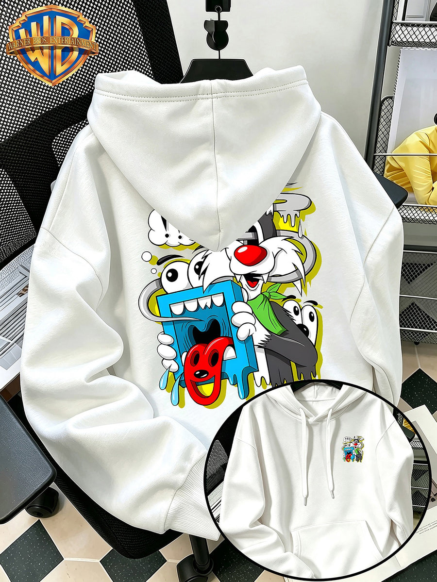 Halloween/Back to School/Date Night/Father'S Day Gift Choice - Sassy Cat Trendy Graffiti Double-Sided Print Hoodie - Men'S Essential with Pockets And Drawstring Hood, Ideal for Warmth, Perfect for Casual Wear Or Outdoor Activities - Unisex - White