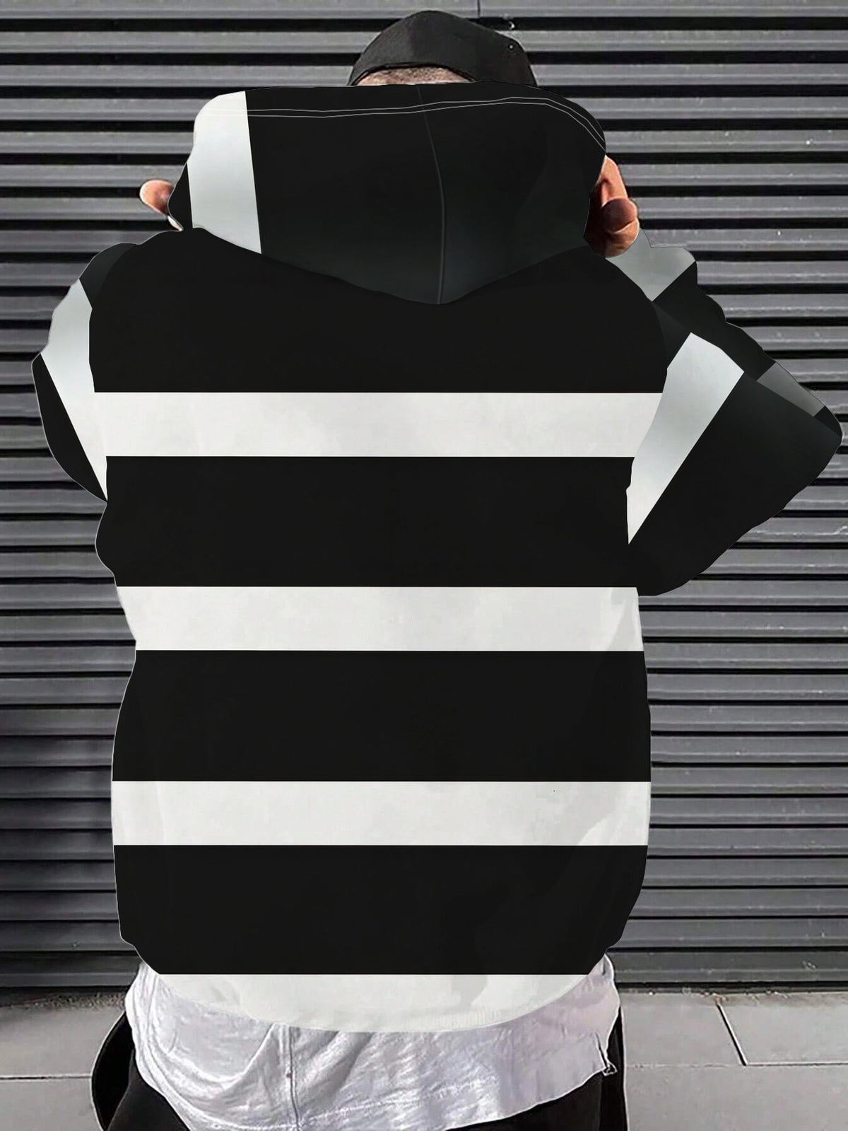 [Printed Design - Not Textured] Men'S Individual Trendy Street Style Hooded Sweatshirt Black And White Striped - Full Street Style, Rich And Artistic Pattern Elements, Easy to Create Individual Style, Drawstring Design Adds Casual Feel - Mixed colors