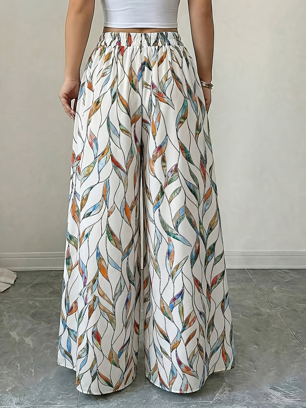 Vacation Style Colorful Print Wide-Leg Pants, High-Waisted Draped Large-Hem Pants, And Tummy-Concealing Women'S Long Pants - White
