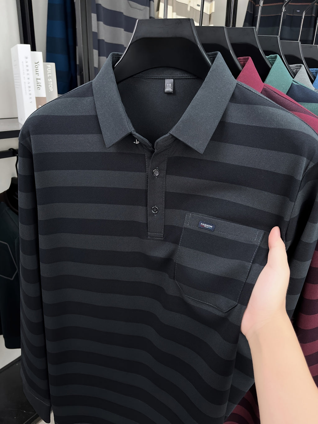 Minimalist Urban Striped Long-Sleeve Polo Shirt for Portable Daily Commuting - Ash