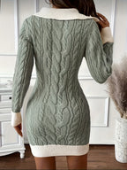 Women's Autumn/Winter Color-Block Long Sleeve Slim-Fit Sweater Dress, Niannian's Selection - Green And White