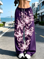 Women's Neon Butterfly Glow-in-the-dark Pattern Jogging Pants with Pockets, Elastic Waistband, and Straight-leg Design - Deep Purple