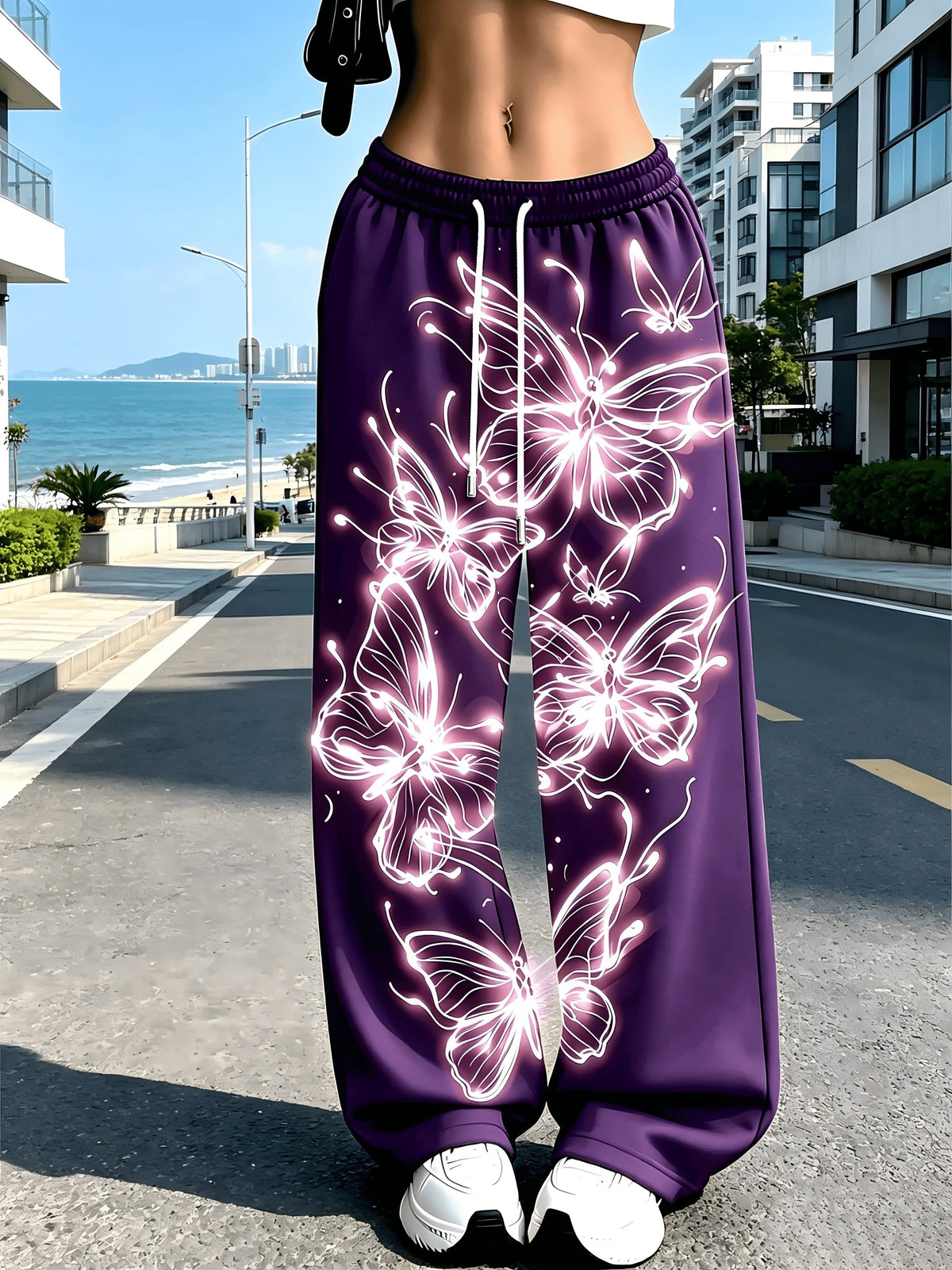Women's Neon Butterfly Glow-in-the-dark Pattern Jogging Pants with Pockets, Elastic Waistband, and Straight-leg Design - Deep Purple
