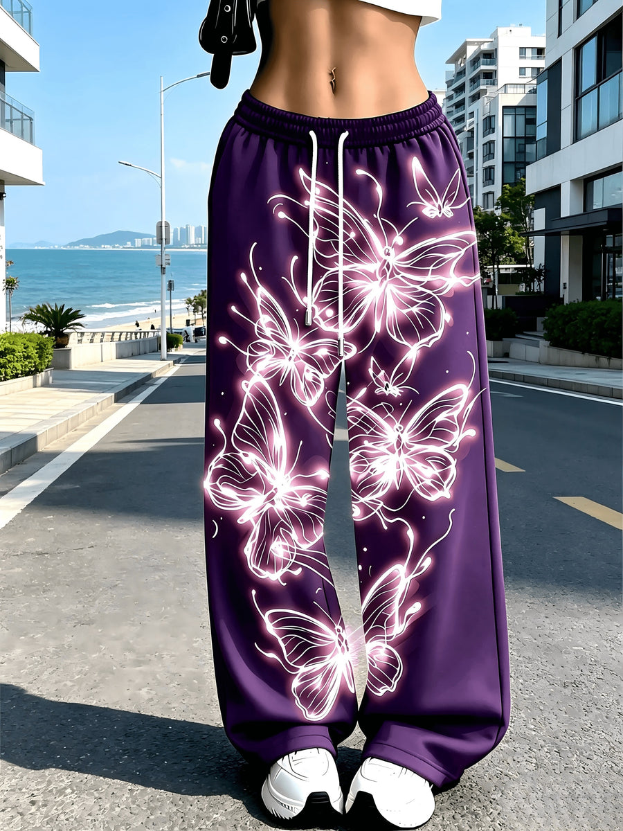 Women's Neon Butterfly Glow-in-the-dark Pattern Jogging Pants with Pockets, Elastic Waistband, and Straight-leg Design - Deep Purple