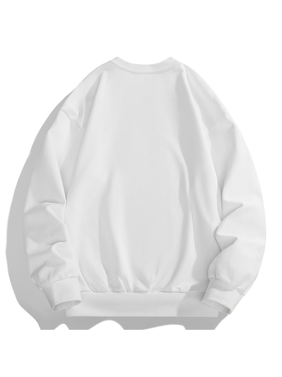 Men'S Crew Neck Sweatshirt, Spring And Autumn Skateboard Street Style Printed Pullover Top, Youth Loose Casual Versatile Long Sleeve Base Shirt - White