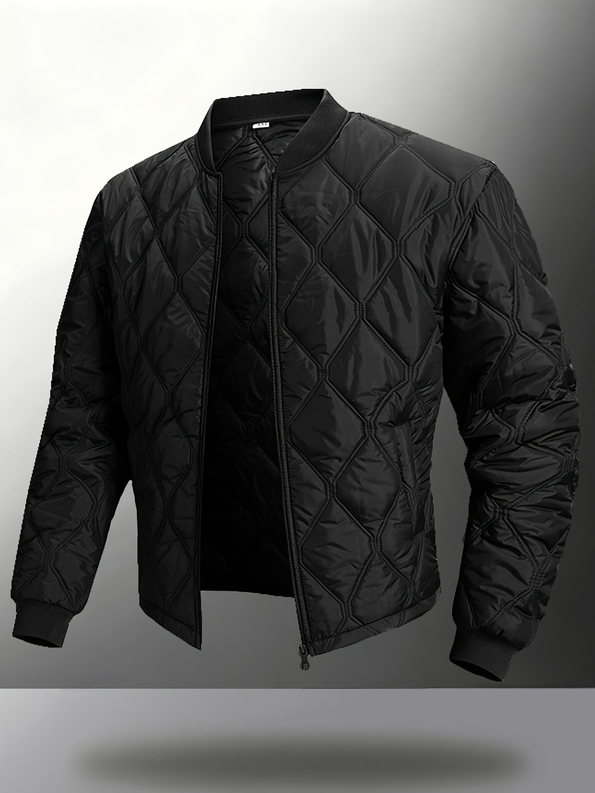 Autumn/Winter Men's Solid Black Diamond-Pattern Stitch Padded Coat, Casual Zipper Baseball Collar Lightweight Padded Outerwear - Black