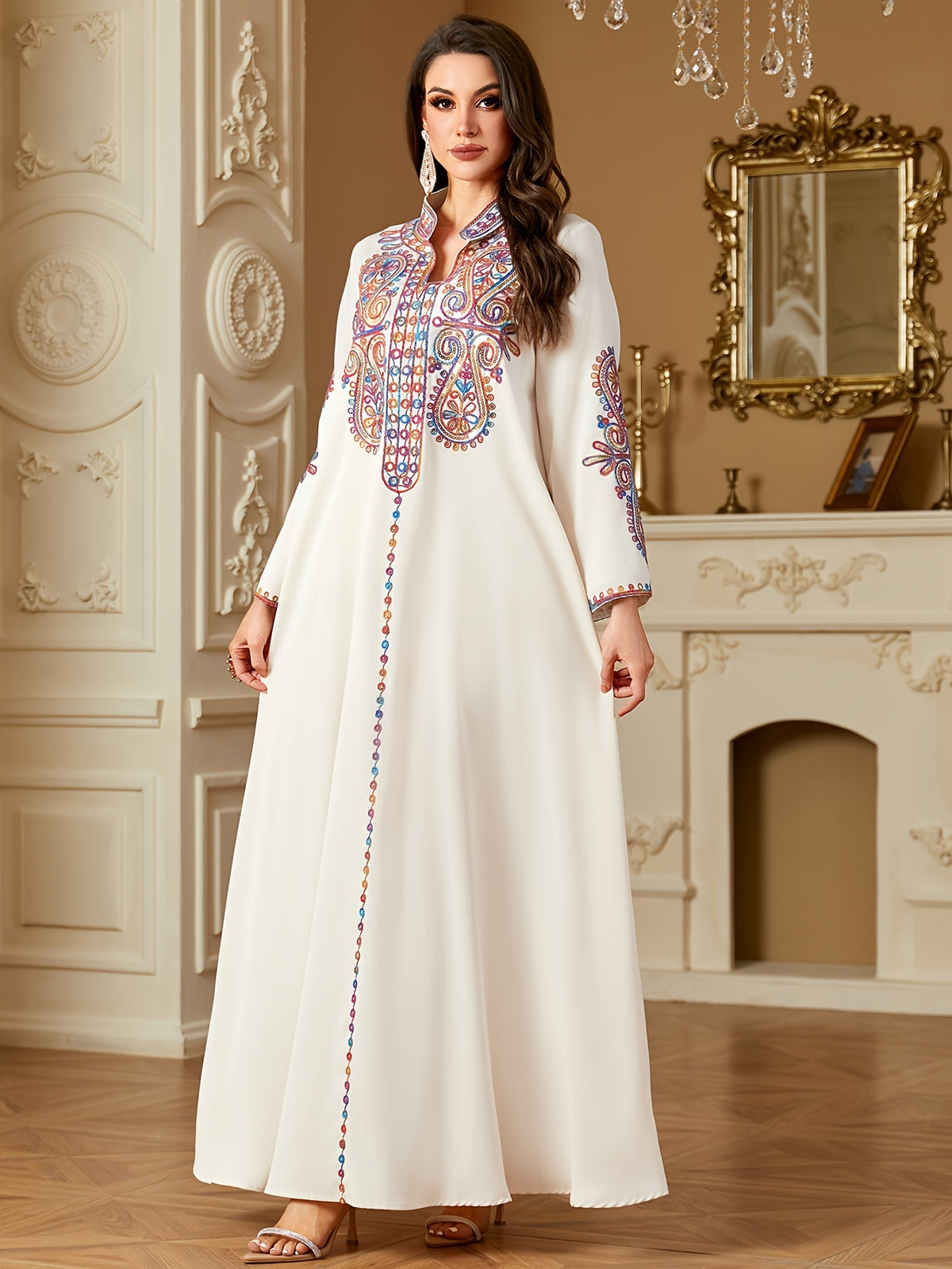 Middle Eastern Ramadan Fashion Beaded Rope Embroidery V-Neck Long Sleeve Dress - Apricot