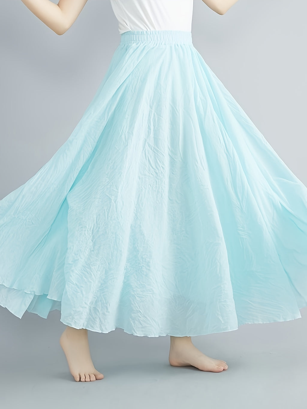 Solid Color Ethnic Style Literary Double-Layer Non-See-Through Midi Skirt for Women, Spring Summer Autumn Zen Style Long Dress with Wide Hem, High Waist Flowy - Water Blue