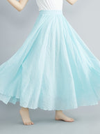Solid Color Ethnic Style Literary Double-Layer Non-See-Through Midi Skirt for Women, Spring Summer Autumn Zen Style Long Dress with Wide Hem, High Waist Flowy - Water Blue