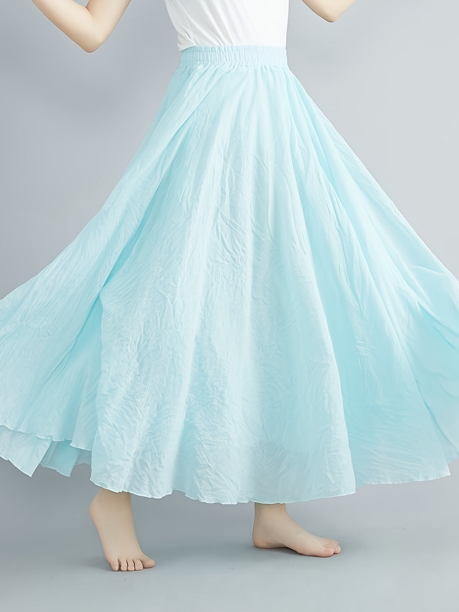 Solid Color Ethnic Style Literary Double-Layer Non-See-Through Midi Skirt for Women, Spring Summer Autumn Zen Style Long Dress with Wide Hem, High Waist Flowy - Water Blue