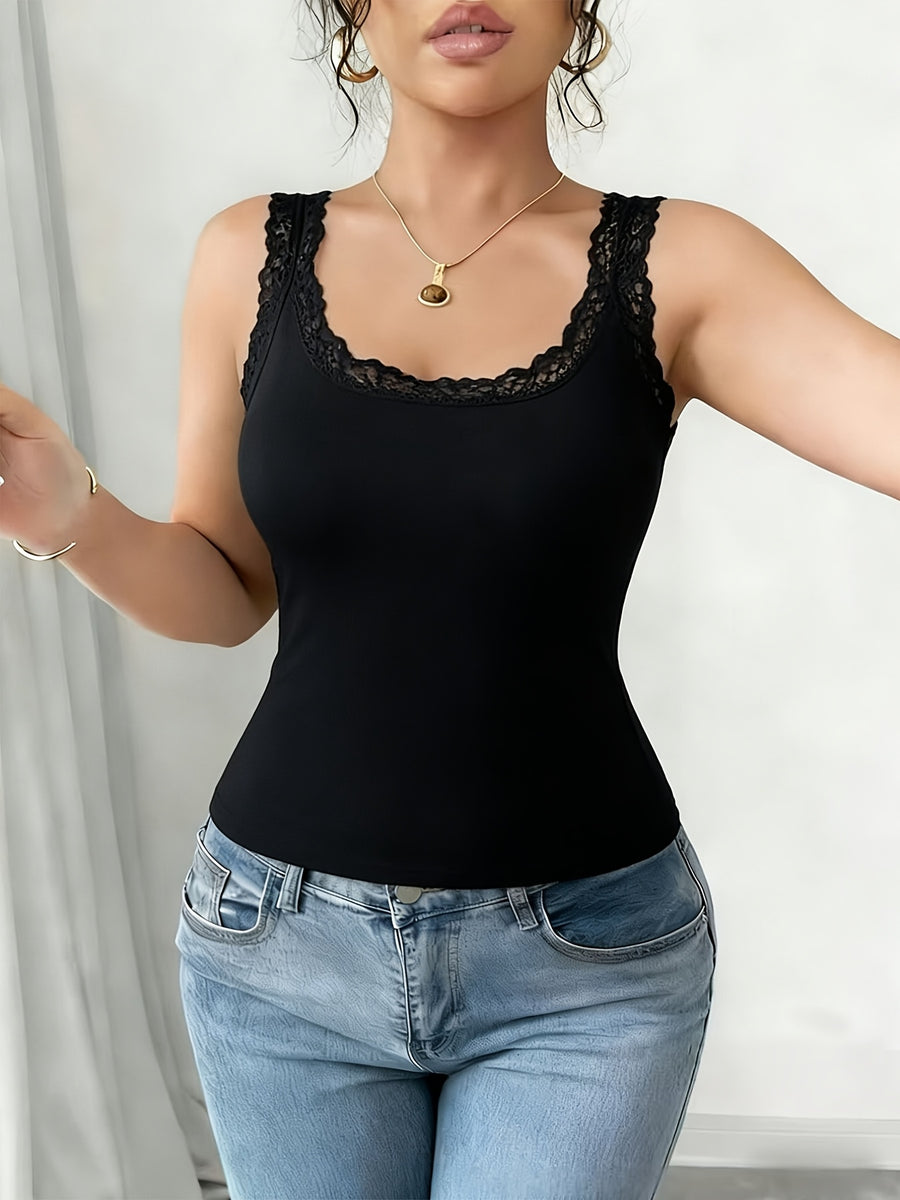 Women'S Elegant Lace Trim Camisole, Lightweight Breathable Soft Slim Fit Tank Top, Casual Fashion Basic Layering Cami Top, Daily Loungewear Vest for Outerwear & Underlay - Black