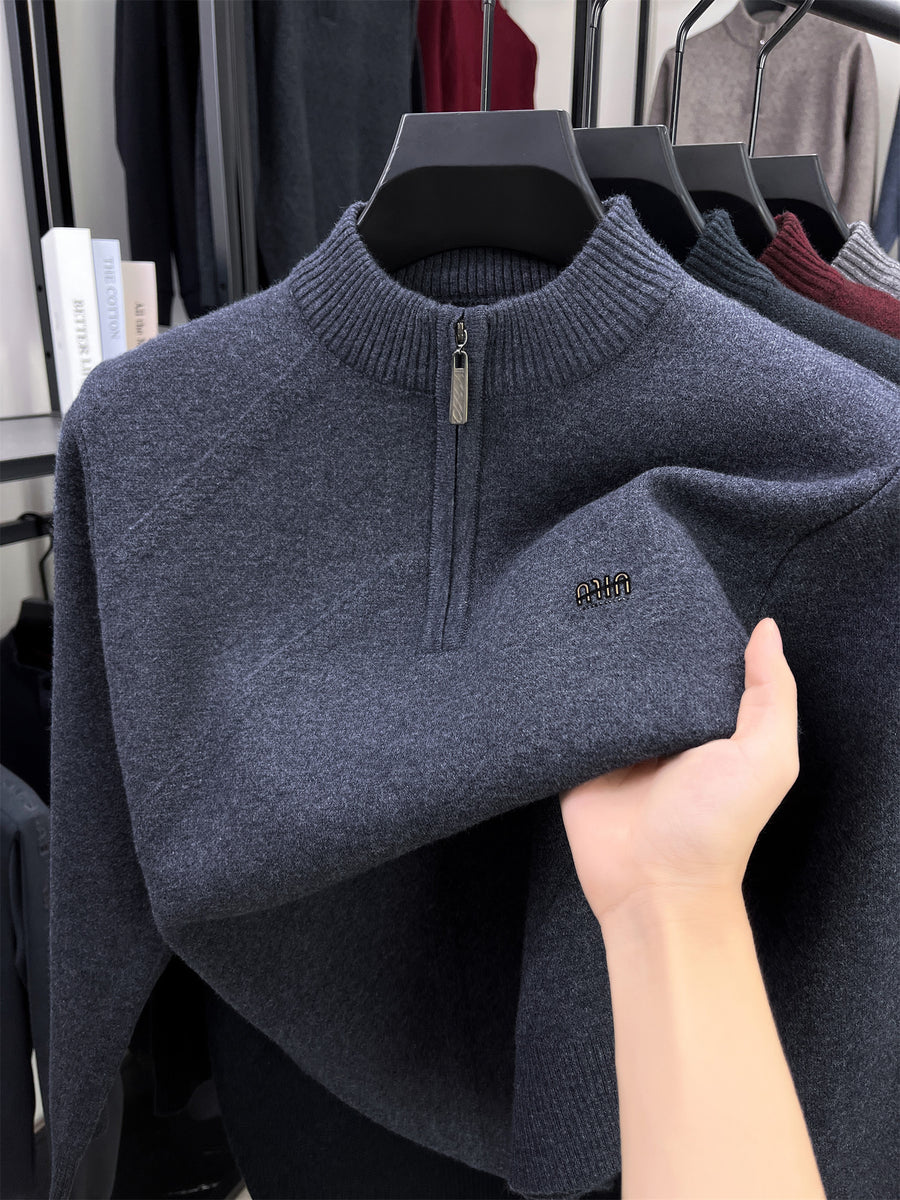 Autumn Winter Knit 3D Solid Color High Neck Half-Zip Sweater, Basic Knit Pullover Top for Men, Fashionable Long Sleeve HJ - Medium Gray
