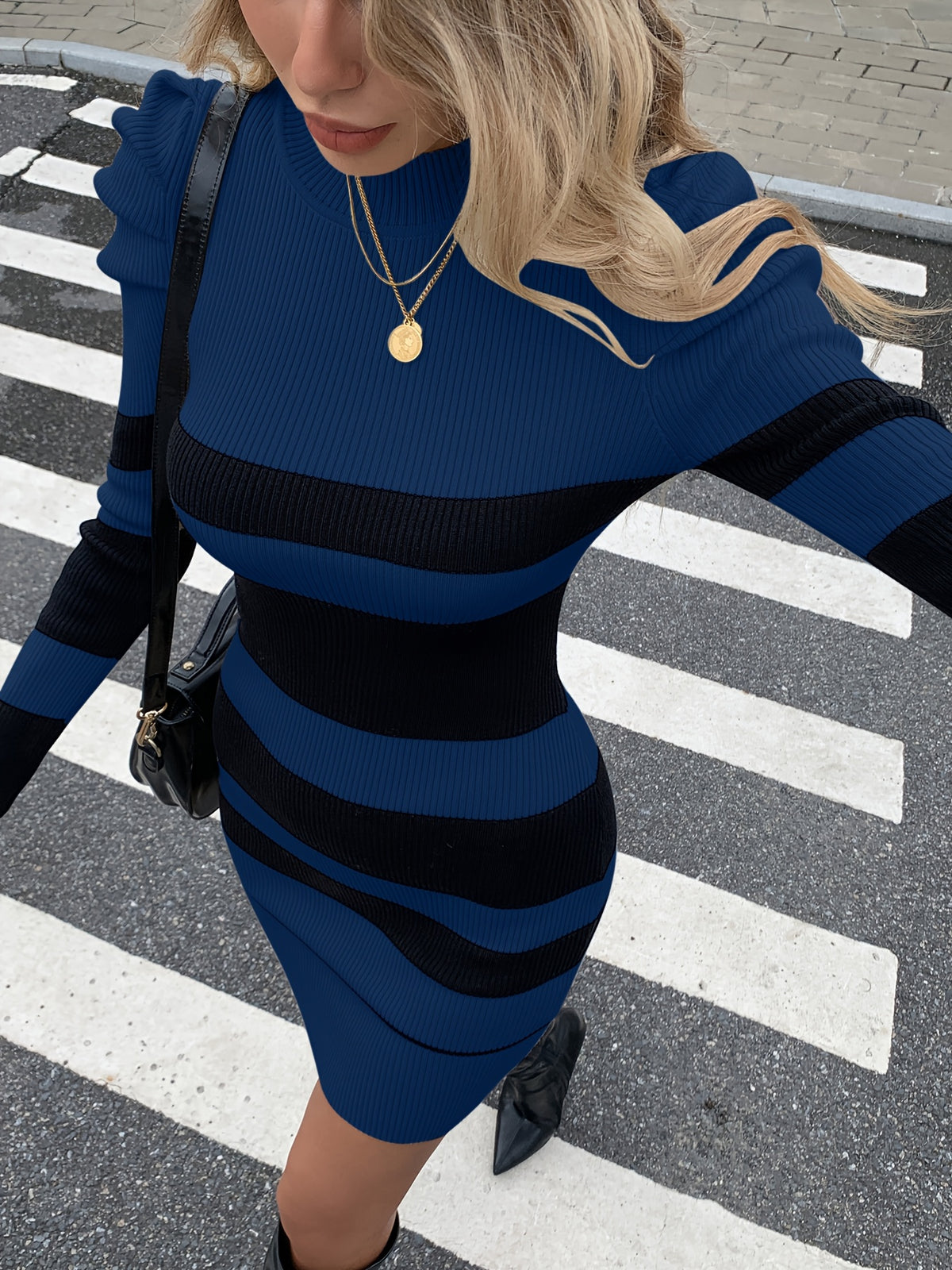 Color Block Striped Puff Sleeve Dress - Deep Blue