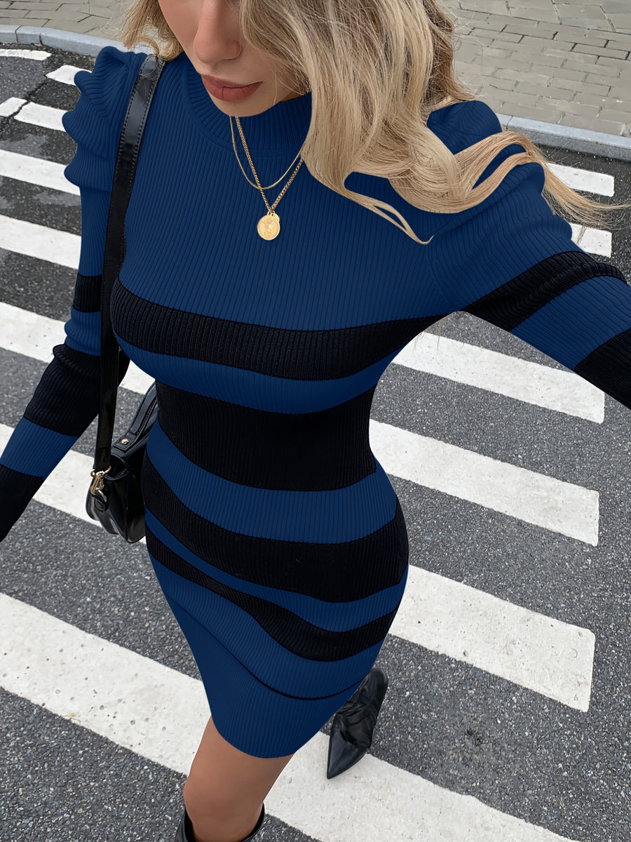 Color Block Striped Puff Sleeve Dress - Deep Blue