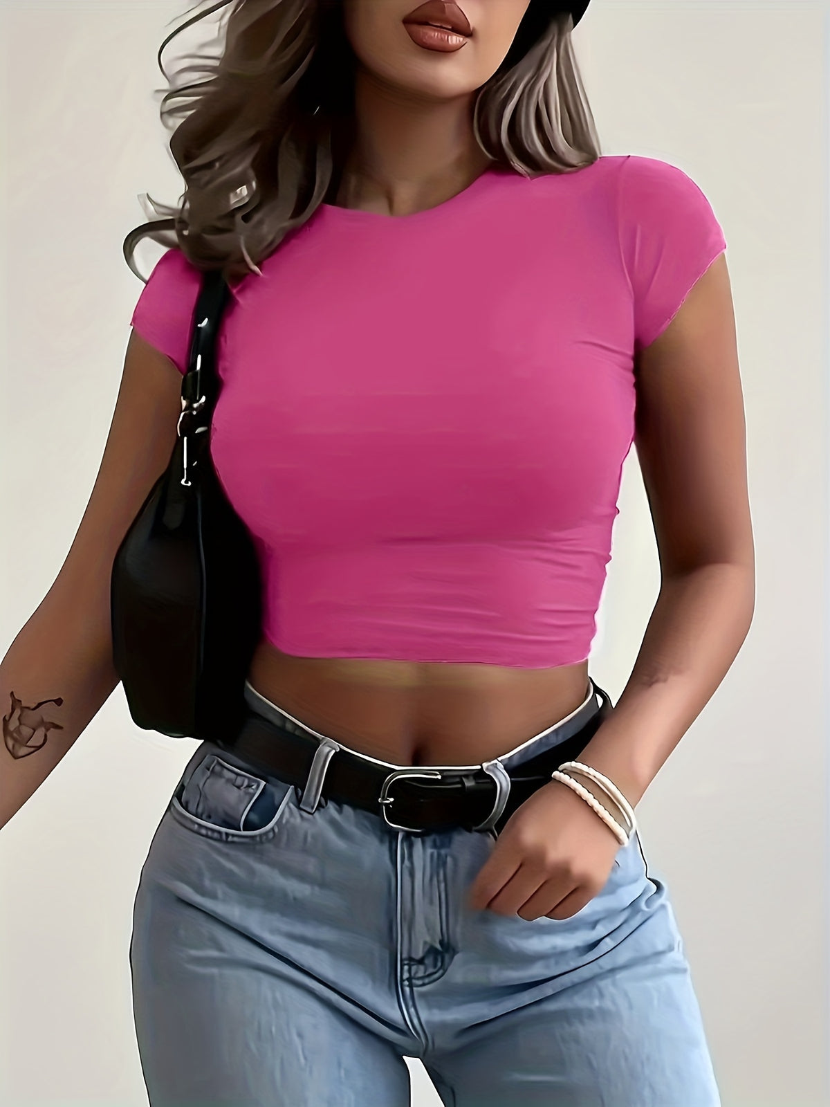 Women'S Fitted Stretch T-Shirt - Casual Basic Top, Comfortable Elastic Fit, All-Season Casual And Formal Wear - Machine Washable. Essential Daily T-Shirt, Versatile Clothing, Fashionable Design, Comfortable Wear, Office Attire, Easy Style - Rose Red