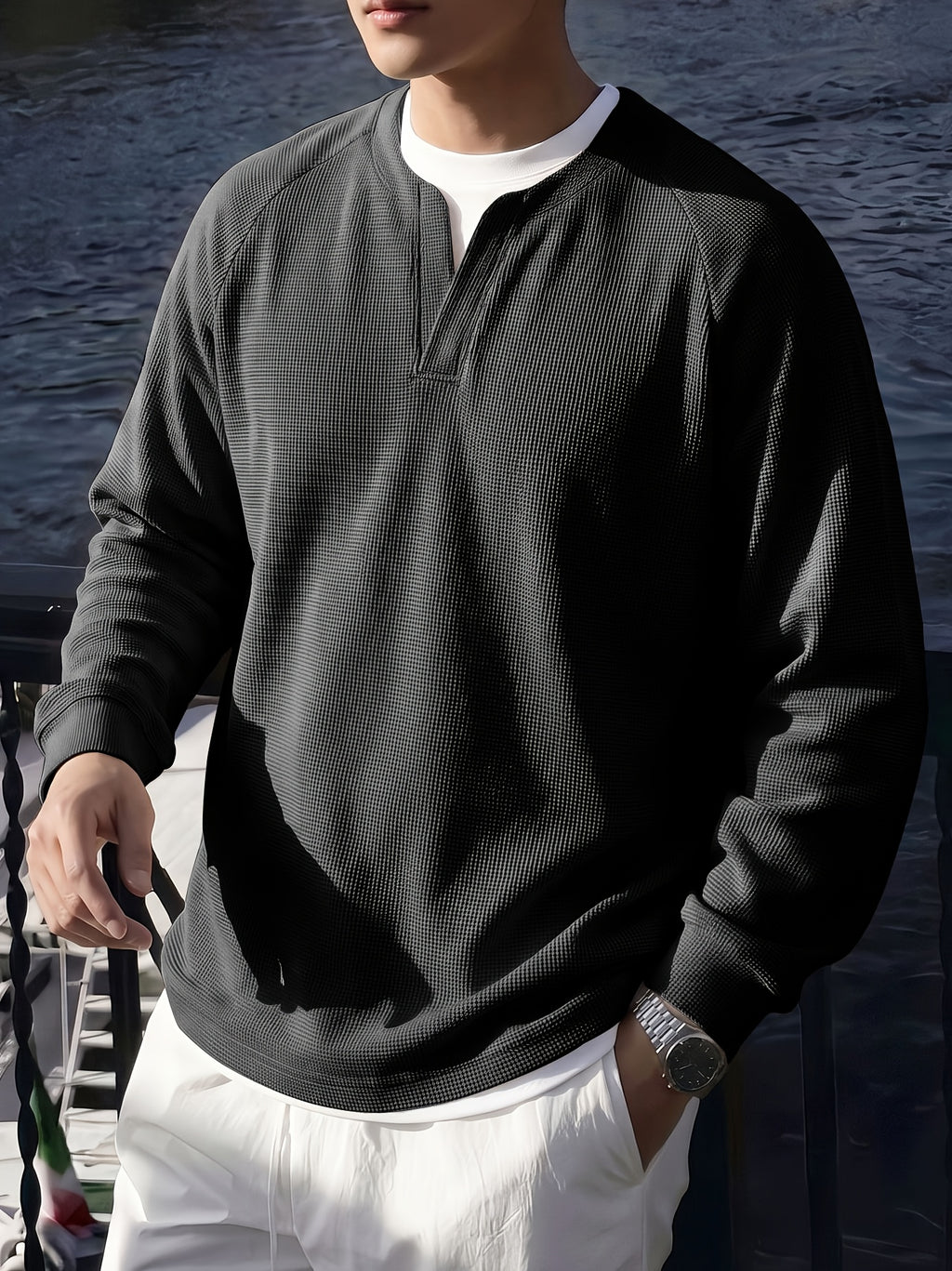 Men's Business Casual Henley Collar Long Sleeve Shirt Waffle Knit Breathable Raglan Sleeve Loose Fake 2pcs Top for Spring Autumn Outdoor Travel Daily Wear - Black