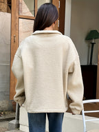 Applique Detail Drop Shoulder Half-Zip Fleece Sweatshirt, Perfect Choice for Women'S Fall Winter - Apricot