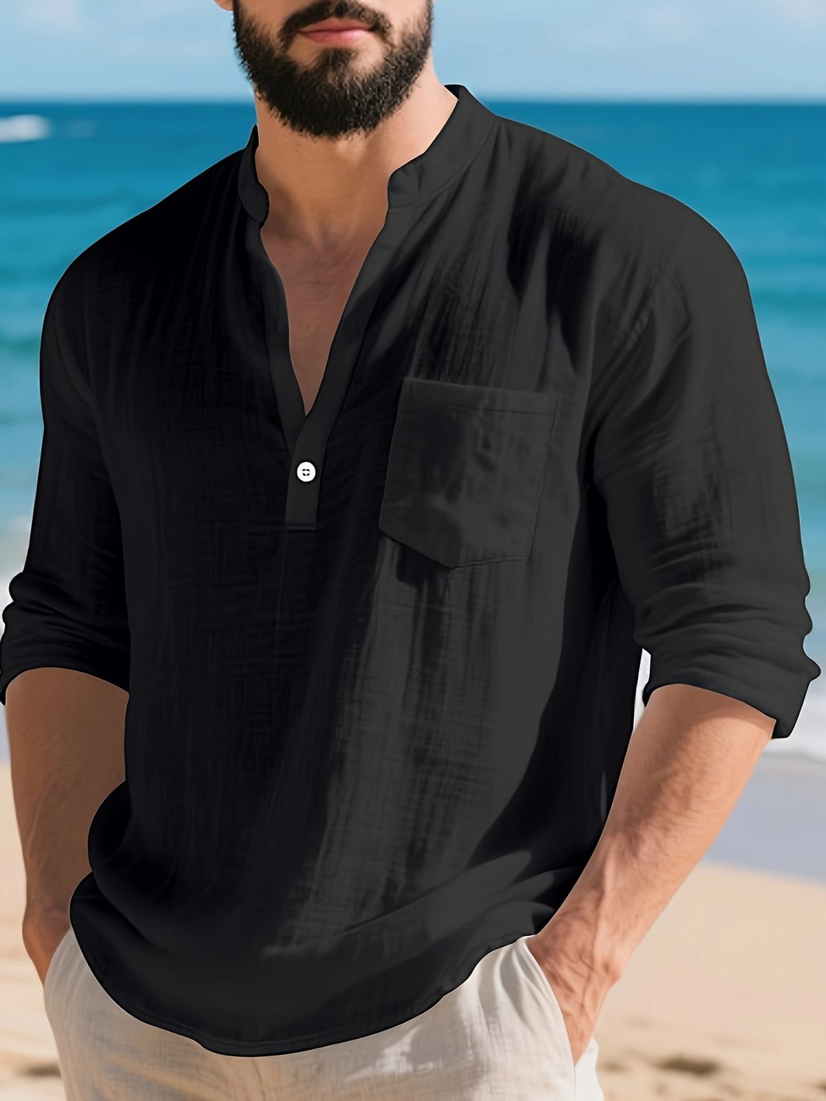 Men'S Textured Henley Shirt, Long Sleeve Casual Pullover with Stand Collar, Button Placket And Chest Pocket, Lightweight Relaxed Fit Top for Beach Vacation, Resort Travel, Weekend, Outdoor Leisure, And Daily Streetwear - Black