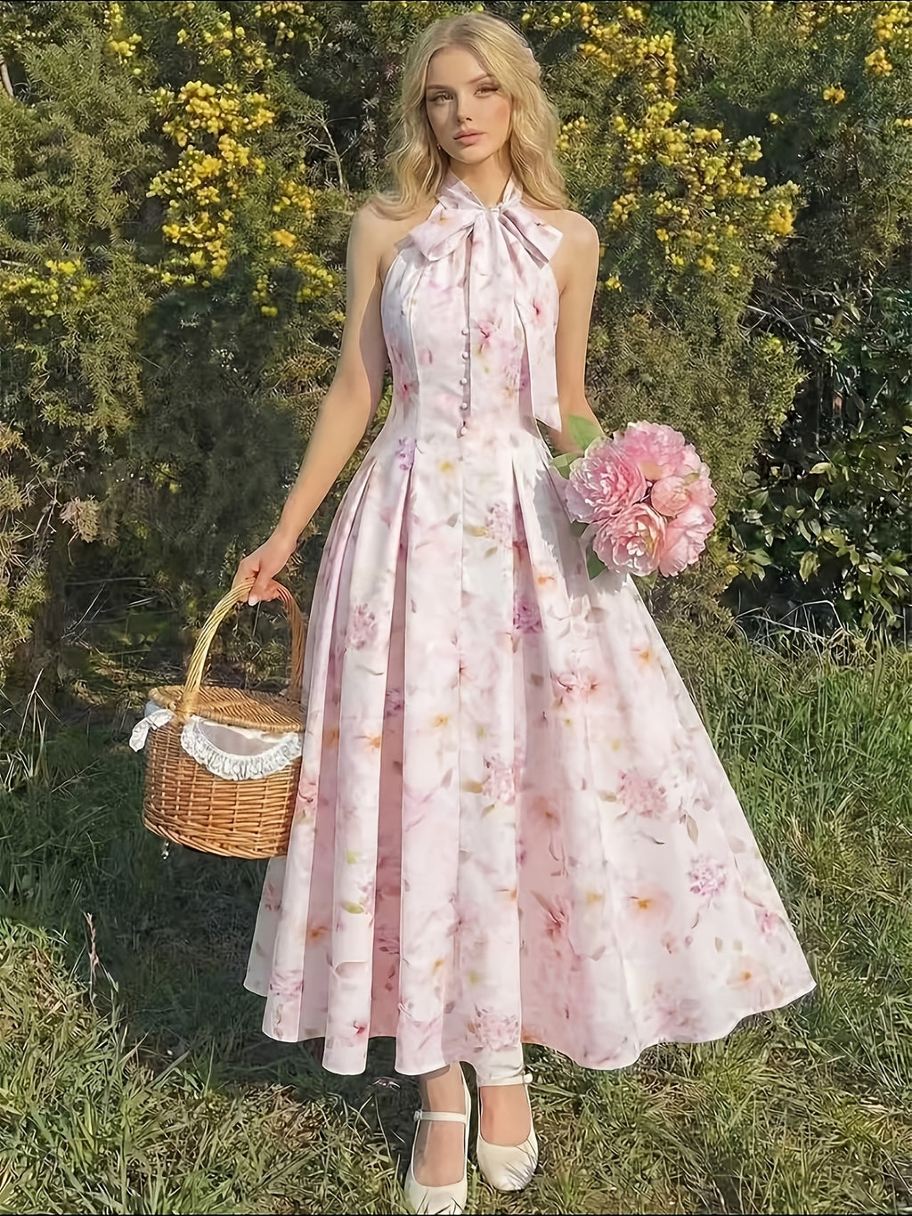 Women' Elegant Halter Neck Sleeveless Bridesmaid Dress with Bow Neckline & Waist-Cinching A-Line Silhouette - Machine Washable Wedding Dress Suitable for Beach Parties, Prom, Wedding Attire, Casual Wear - Bridesmaid Dresses - Pink