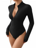Women'S Long-Sleeve Jumpsuit with a Deep V-Neck And Zipper, Perfect for Autumn And Winter Outings - Black