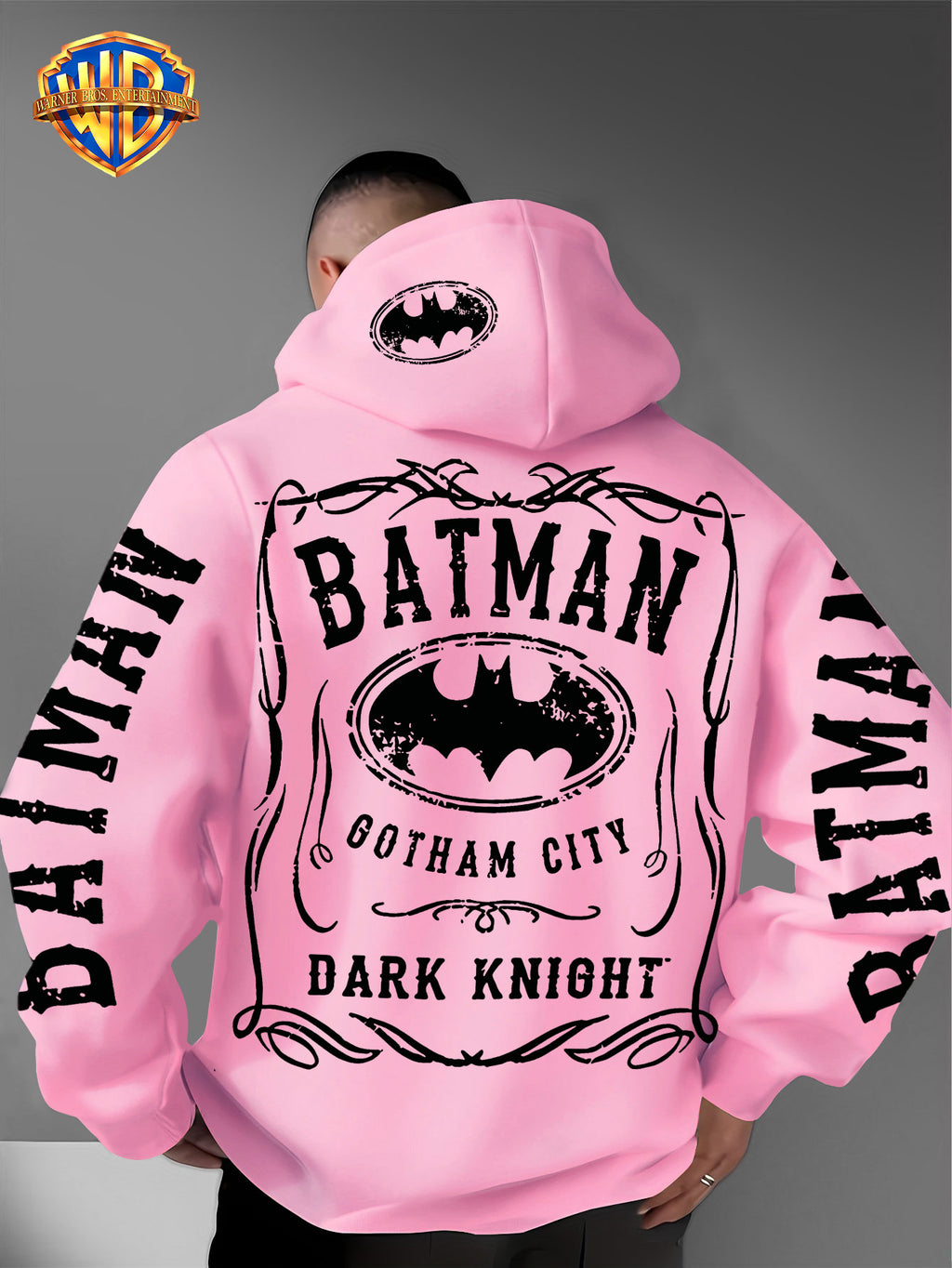 Warner Bros. Authorized American Cool Batman Retro Border Printed Hooded Sweatshirt with Adjustable Drawstring, Comfortable And Warm, Fashionable And Versatile Men'S Casual Sweatshirt, Suitable for Autumn And Winter Wear - Pink Color