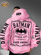 Warner Bros. Authorized American Cool Batman Retro Border Printed Hooded Sweatshirt with Adjustable Drawstring, Comfortable And Warm, Fashionable And Versatile Men'S Casual Sweatshirt, Suitable for Autumn And Winter Wear - Pink Color