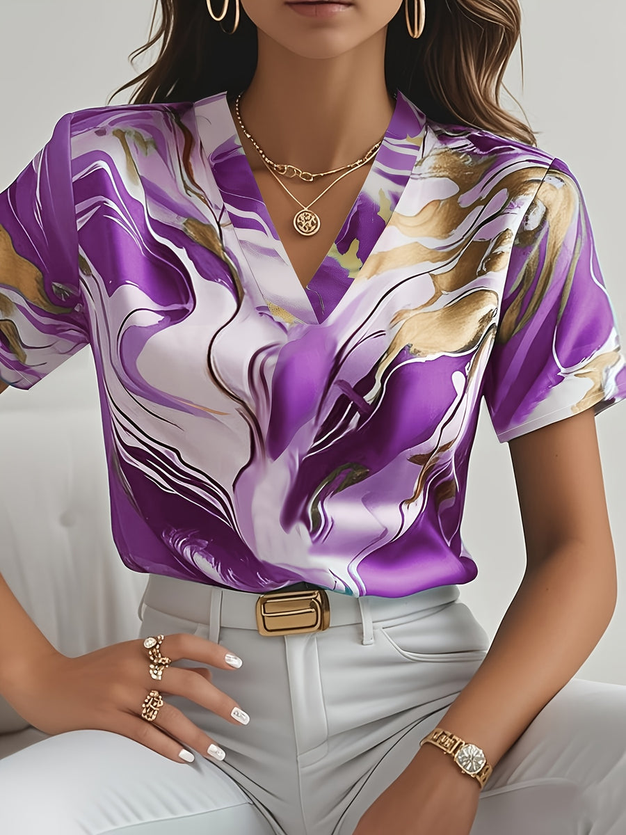 Women's Elegant Marble Print Short Sleeve Shirt - Lake Blue & Golden Geometric V-Neck Top, Lightweight Professional Blouse for Spring/Summer, Machine Washable Office & Casual Wear, Summer Fashion, Sophisticated Texture, Spring Outfit, Durable - Purple