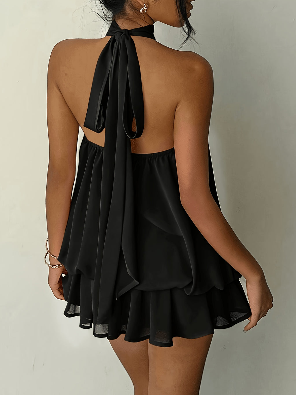 Women's Elegant Cream Yellow Chiffon Backless Tie-waist Mini Dress, Women's Date Dress, Women's Summer Dress, Women's Sundress, Women's Elegant Party Dress, Women's Birthday Dress. - Black