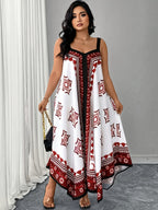 Plus Size - Plus Size - Large Size Women'S Fashionable Geometric Print Sleeveless Loose Long Suspender Dress - Burgundy