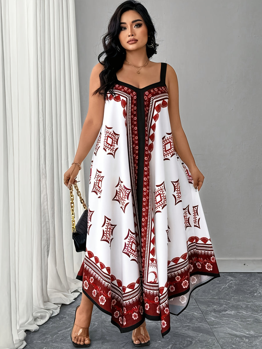 Plus Size - Plus Size - Large Size Women'S Fashionable Geometric Print Sleeveless Loose Long Suspender Dress - Burgundy
