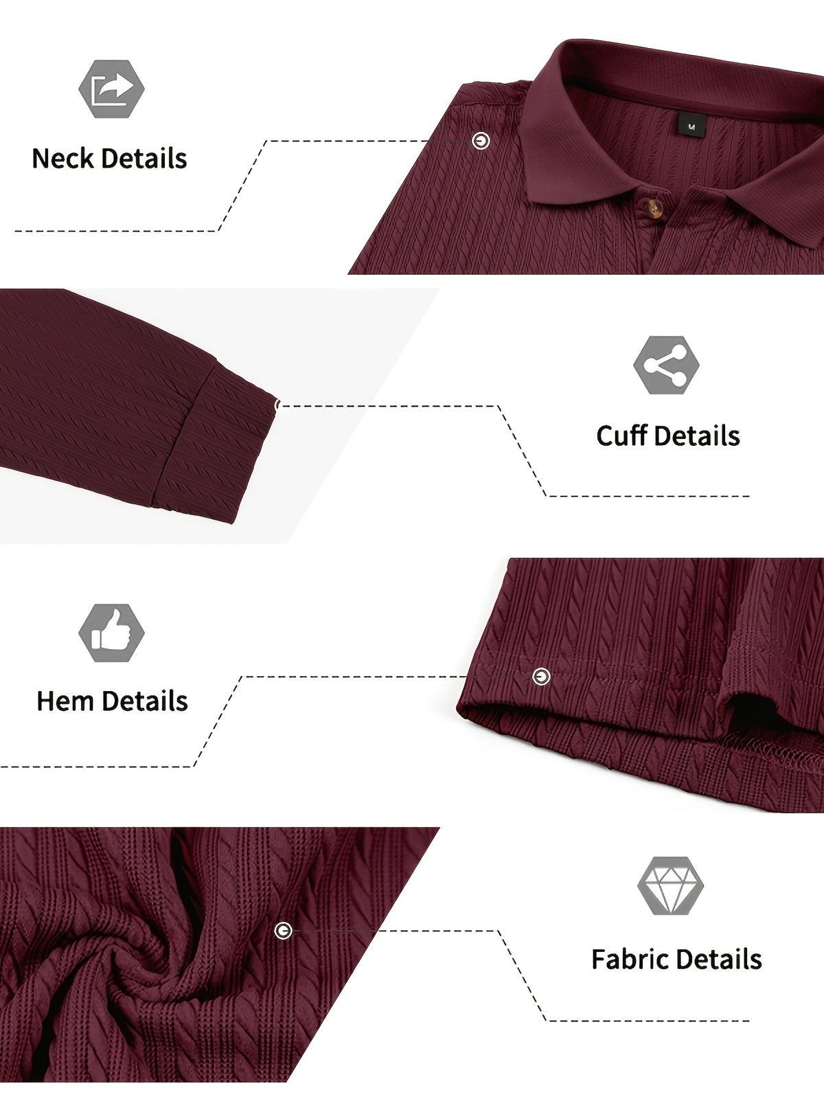 Autumn/Winter New Arrival: 1pc Men's Twisted Cable Vertical Stripe Knit Long-Sleeve Polo Shirt, Three-Dimensional Jacquard Texture, Classic Lapel, Vintage Brown Wood Grain Three-Button, Stretchy Soft Knitted Fabric, Solid Color Minimalist Top - Burgundy