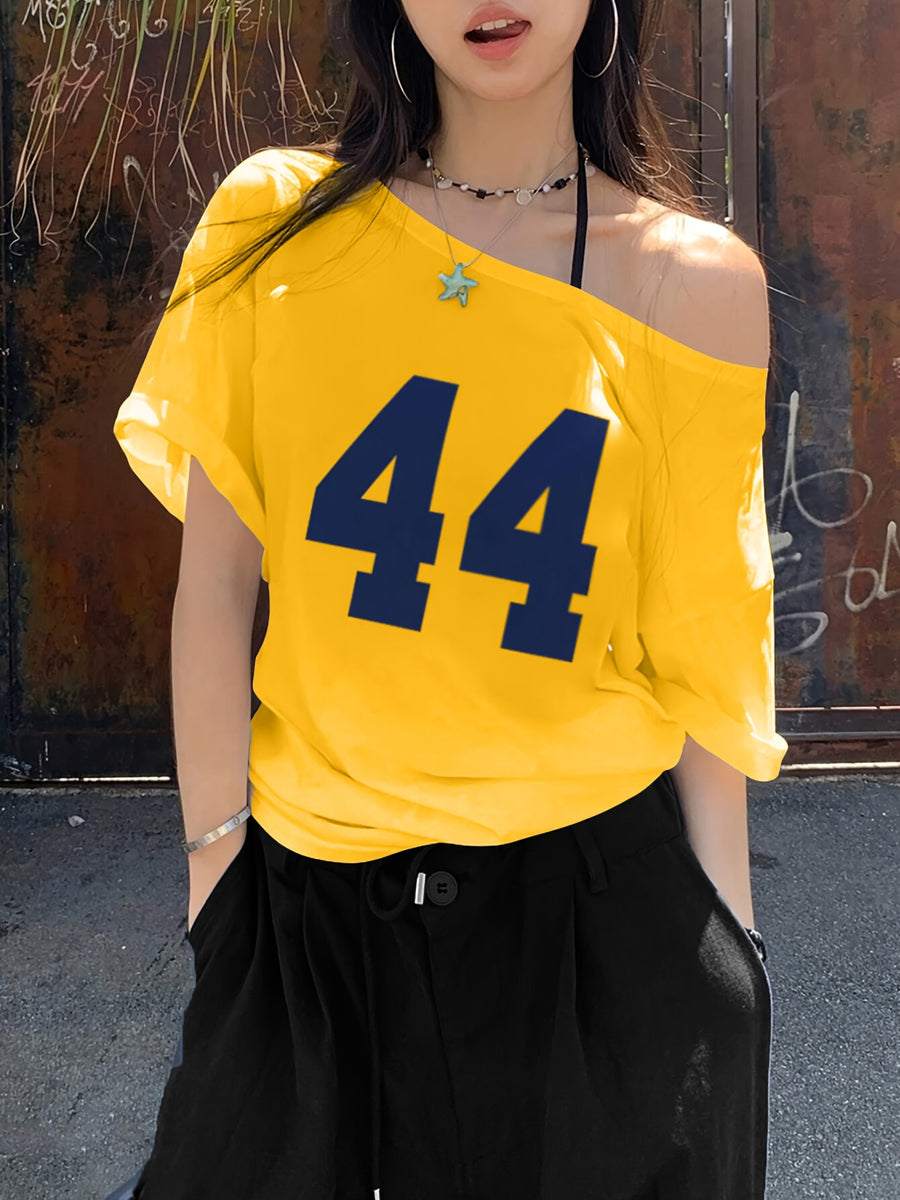 Women'S Casual Off-Shoulder Short Sleeve Number Print Pattern T-Shirt, Slouchy Casual Short Sleeve, Regular Loose Summer Short Sleeve Top - Yellow